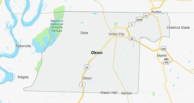 Map of Obion County Tennessee