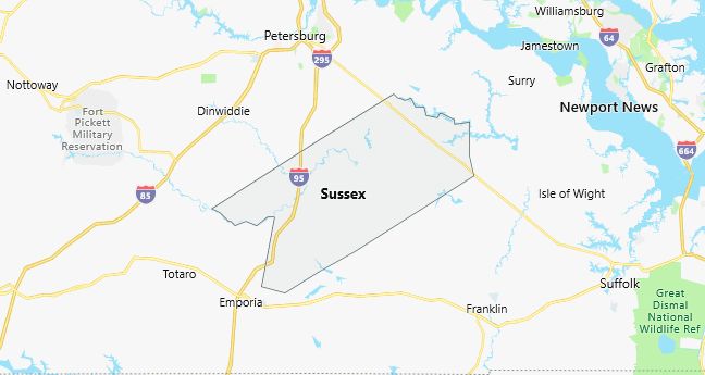 Map of Sussex County Virginia